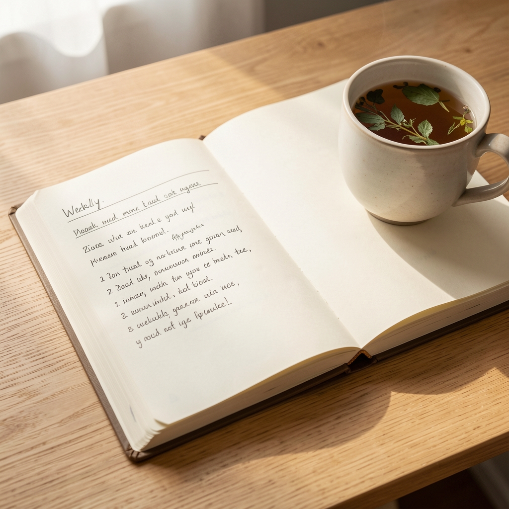 Close-up of an open journal on a light oak desk with a handwritten weekly meal plan and a cup of herbal tea in morning light