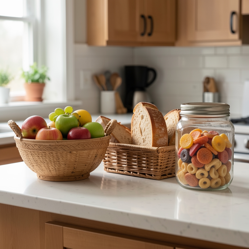 Kitchen counter arranged with visible fruit bowl, bread basket and glass jar snacks demonstrating how environmental placement shapes food choices