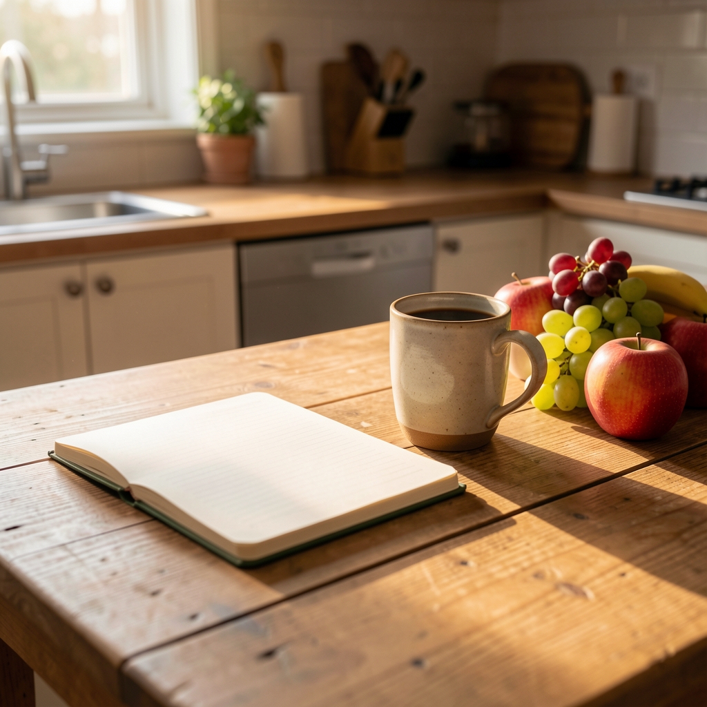 Warm morning light illuminating a wooden kitchen table with a notebook, ceramic mug and fresh fruit arranged in soft natural light